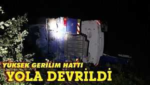 Yüksek gerilim hattı yola devrildi